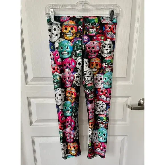 Terez Dia De Los Muertos Performance Cropped Skull Leggings Small - Picture 8 of 10